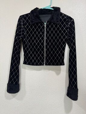 Black Quilted Velvet Zip Jacket with Faux Fur Trim